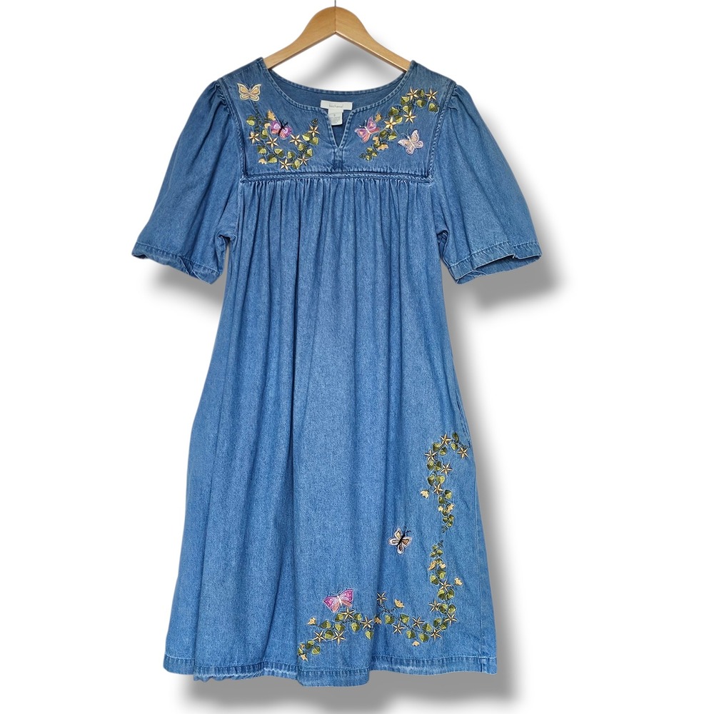 Vtg Bechamel‎ House Dress S Blue Butterfly Embroidered Denim Pockets Cotton Boho